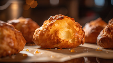 Cream puff on a wooden table, close-up, selective focus.の素材