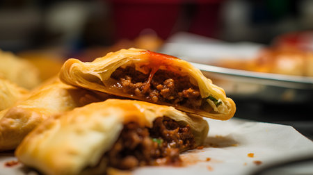 Close up of fresh baked samosas with meat and tomato sauceの素材