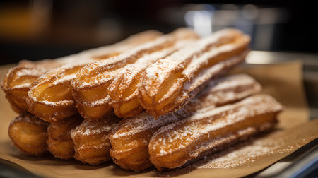 Churros with powdered sugar on a wooden table. Toned.の素材