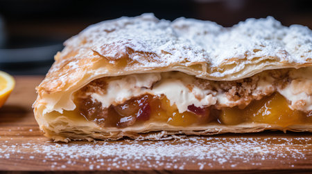 Apple strudel with whipped cream on a wooden background. Selective focus.の素材