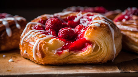 Freshly baked buns with raspberries on a wooden boardの素材