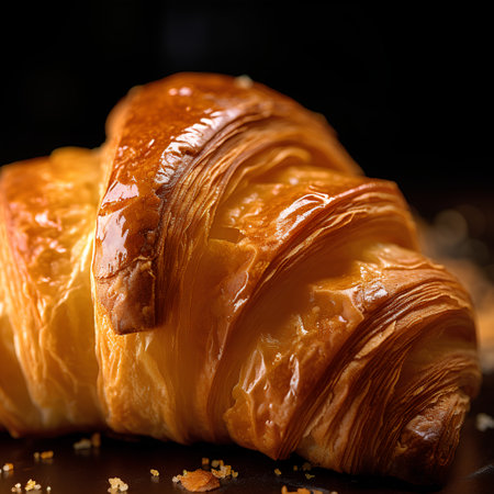 Croissant on a black background. Close up. Selective focus.の素材