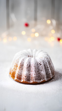 Christmas bundt cake with icing sugar on a white wooden background. Selective focus.の素材