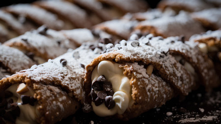 Close up of chocolate croissants with icing sugar on black backgroundの素材