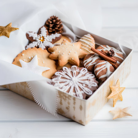 Christmas cookies in a gift box on a white wooden background, selective focus.の素材