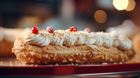 Delicious eclairs with whipped cream and cherries on plateの素材
