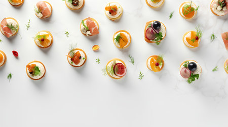 Seamless pattern of canapes with salmon, prosciutto, olives and dillle backgroundの素材