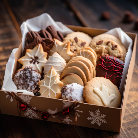 Assorted Christmas cookies in box on wooden background. Selective focus.の素材