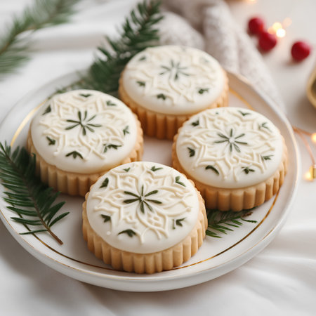 Christmas cookies with snowflakes and fir branches on a white backgroundの素材