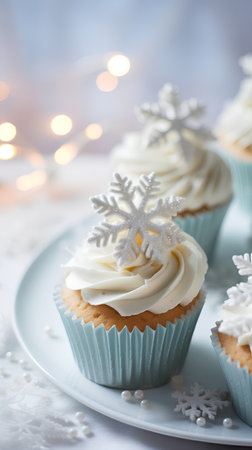 Christmas cupcakes with white frosting and snowflakes on a light backgroundの素材