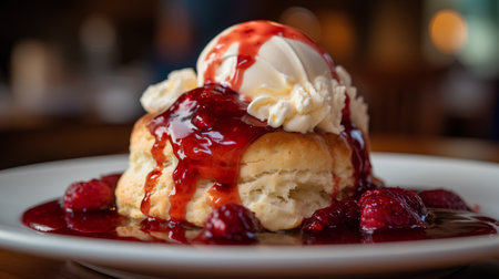 Strawberry scone with ice cream on a wooden table.の素材
