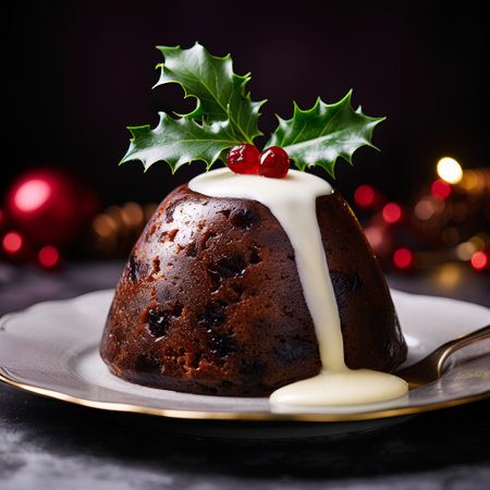 Christmas pudding with cream and holly on a dark background. Selective focus.の素材