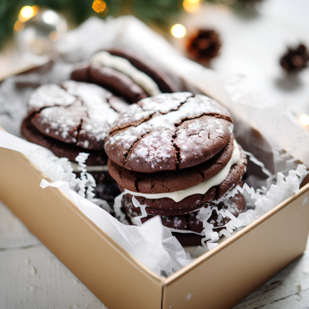 Chocolate cookies with icing sugar in a gift box on a white wooden backgroundの素材