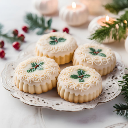 Christmas cookies with fir branches and candles on a white background. Selective focus.の素材
