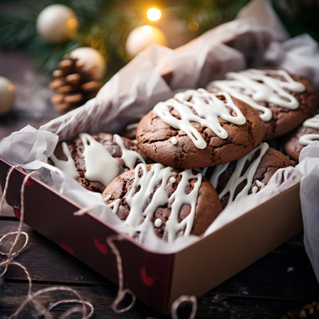 Chocolate chip cookies with white icing in a gift box on a wooden backgroundの素材