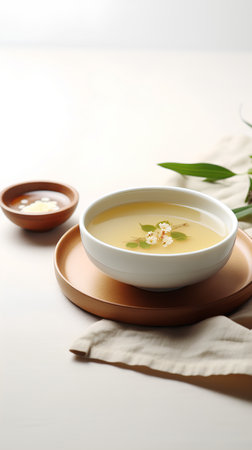 Japanese miso soup on a white background, selective focus, copy spaceの素材