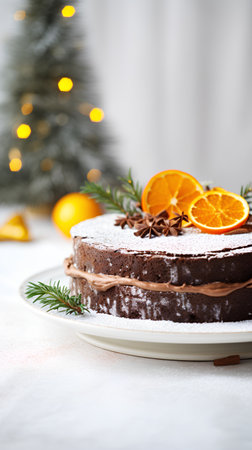 Christmas chocolate cake with orange and spices on a white background. Copy space.の素材