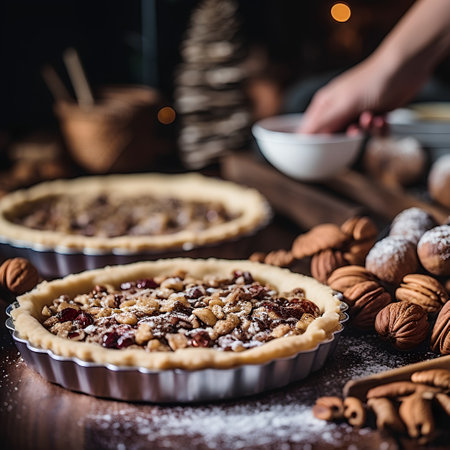 Pecan pie with nuts and raisins on wooden backgroundの素材
