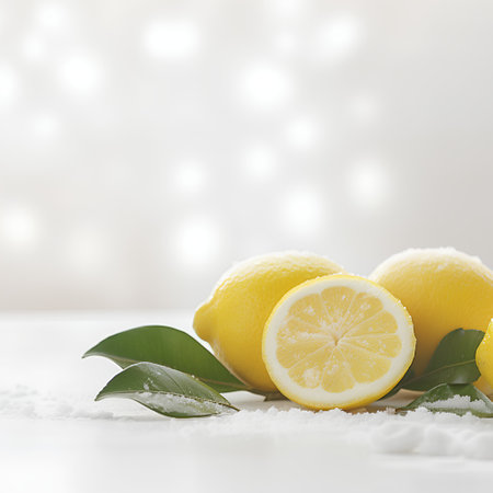 Lemons with green leaves on white background with bokehの素材