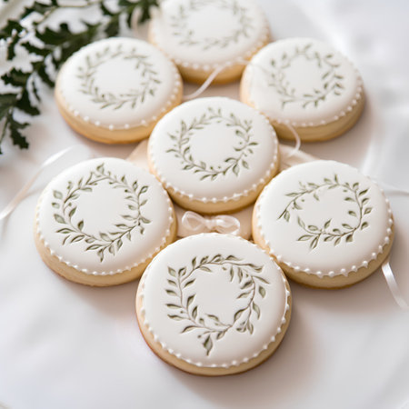 Wedding cookies with floral ornament on a white plate. Selective focus.の素材