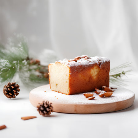 Christmas cake with almonds on a wooden board. Selective focus.の素材