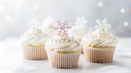 Christmas cupcakes decorated with snowflake and snowflakes on white backgroundの素材