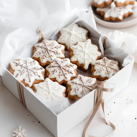 Christmas cookies in a gift box on a white background. Copy space.の素材
