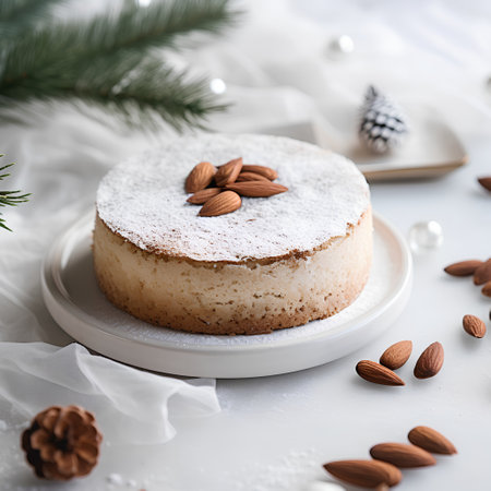 Christmas Cheesecake with almonds on a white plate, selective focus.の素材