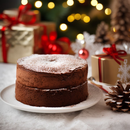 Chocolate bundt cake with icing sugar and christmas decoration on backgroundの素材