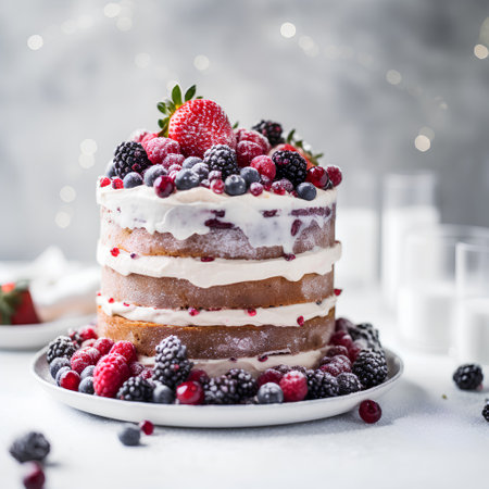 Homemade cake with fresh berries on a light background, selective focus.の素材