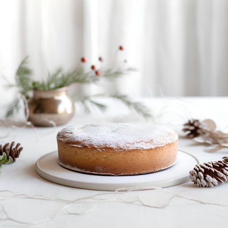 Christmas cake with icing sugar on a white plate on a light backgroundの素材