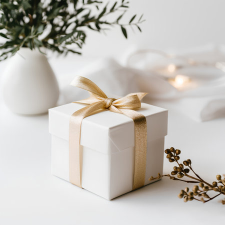 White gift box with gold ribbon and bow on a white background.の素材