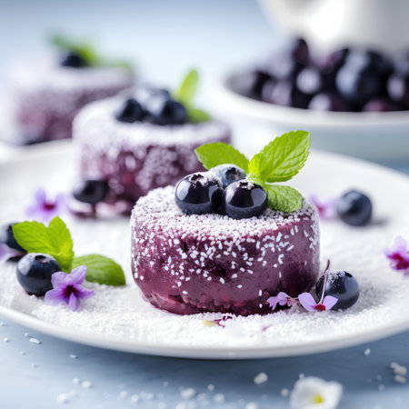 Blueberry panna cotta with fresh berries and mint. Selective focus.の素材