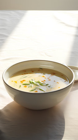 Bowl of vegetable soup with rosemary on a bed in sunlightの素材