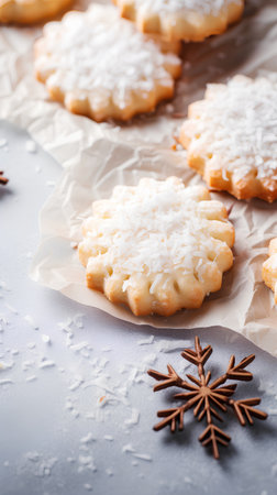 Homemade shortbread cookies with coconut flakes on a gray background.の素材