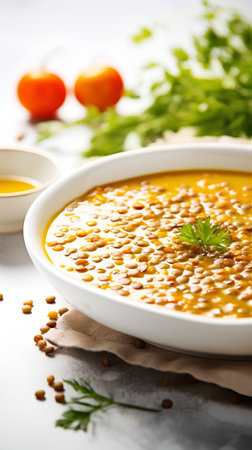 Lentil soup on a white background. Selective focus.の素材