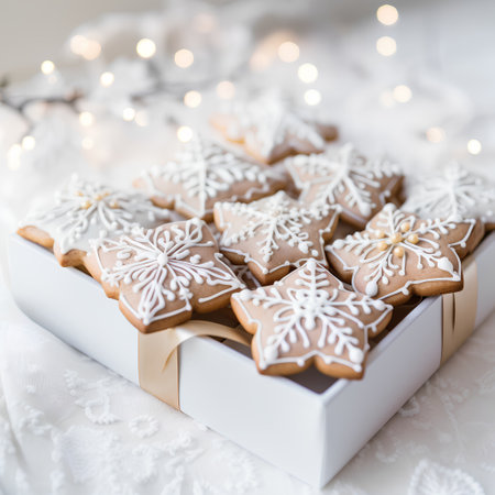 Christmas gingerbread cookies in a white gift box on a light backgroundの素材