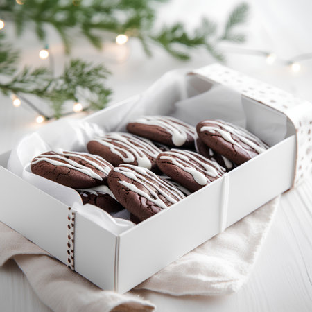 Chocolate cookies in a gift box on a white wooden background.の素材