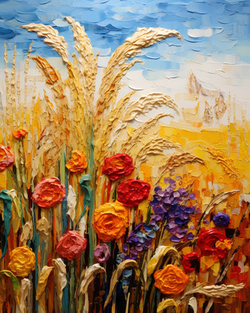 Oil painting of a wheat field with red and yellow flowers in the foregroundの素材