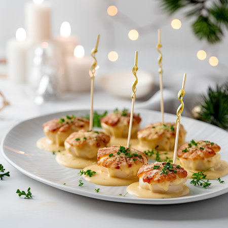 Baked prawns with cheese sauce on a white plate.の素材
