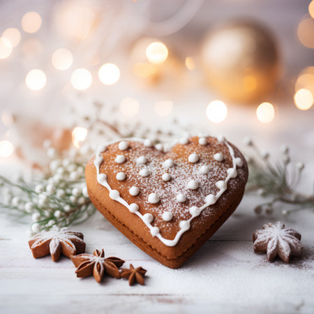 Christmas gingerbread cookies in the shape of a heart on a white wooden background with bokeh lightsの素材