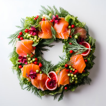 Salmon sashimi decorated with vegetables and herbs on white backgroundの素材