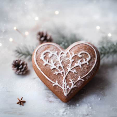 Gingerbread heart with snowflakes and fir tree branch on white wooden backgroundの素材