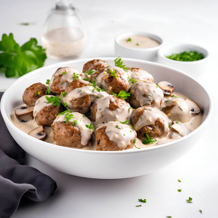 Meatballs with mushroom sauce and parsley on a white background. Selective focus.の素材