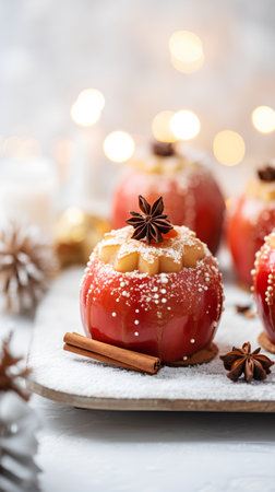 Baked apples with honey, cinnamon and star anise on a light backgroundの素材