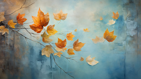 Autumn background with yellow leaves on a blue grunge background.の素材