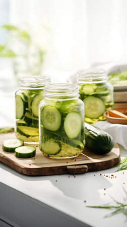 Cucumber and dill pickles in glass jars on white tableの素材
