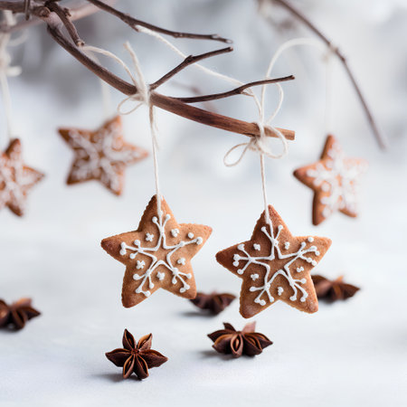 Christmas gingerbread cookies with star anise and snowflakes on white backgroundの素材