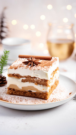 Piece of tiramisu cake on a white plate. Christmas backgroundの素材