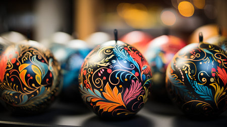 Colorful easter eggs with floral pattern on a black background.の素材